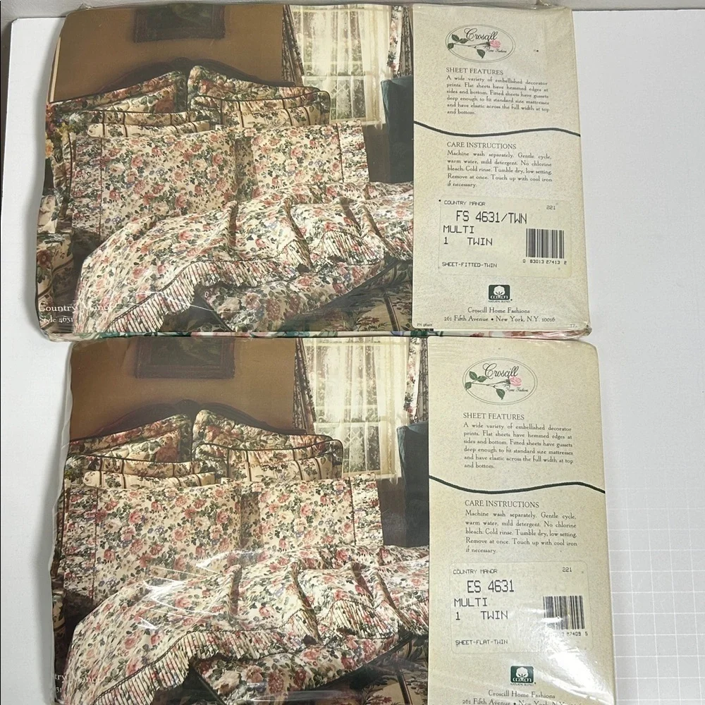 Vintage CROSCILL Floral Twin Flat & Fitted Sheet Ruffle Set 200 Luxury Percale